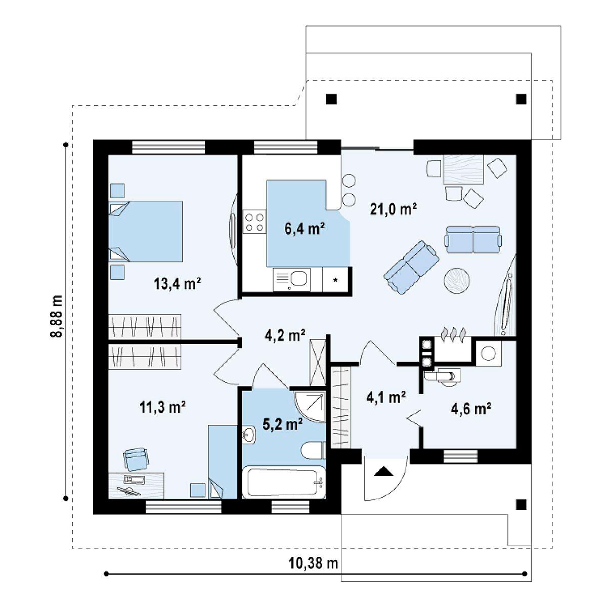 Одноэтажный дом 70м2 планировка с двумя спальнями